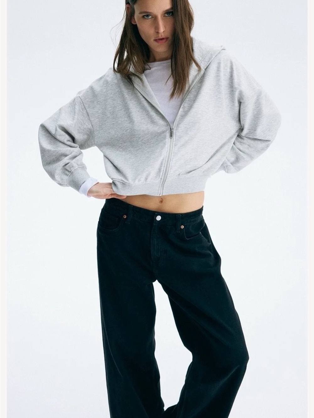 NWT HM Cropped Light Gray Zip-Up Hoodie